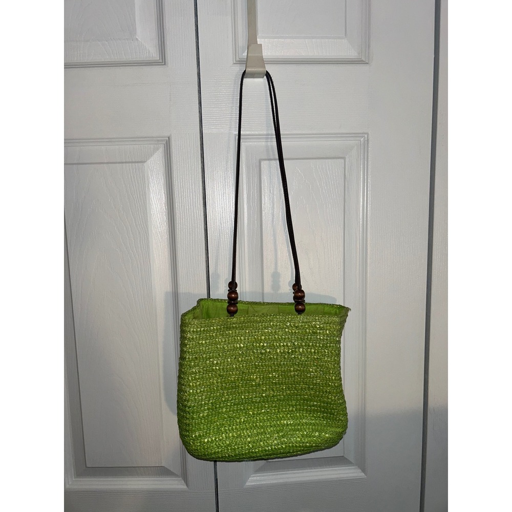 St Johns Bay Lime Green Woven Straw Tote Bag Wooden Bead Accents Boho Summer